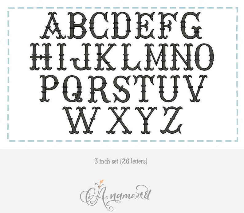 May include: A black and white alphabet font with a decorative border. The font is 3 inches tall and includes 26 letters. The font is called "Anamexed".