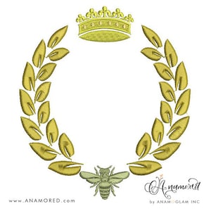 Laurel with Bee and Crown Monogram Embroidery Design for Embroidery Machine | Instant Download
