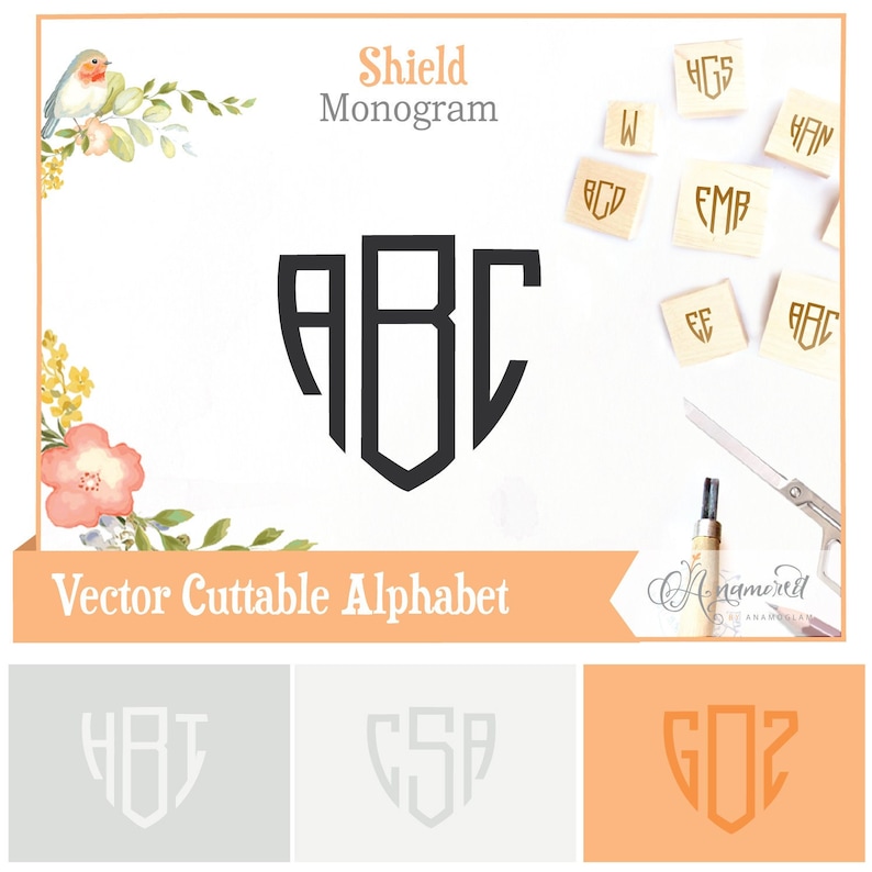 May include: A black shield monogram with the letters ABC inside. The monogram is on a white background with the text "Shield Monogram" above it and "Vector Cuttable Alphabet" below it. There are three examples of other shield monograms with different letters below the main monogram.