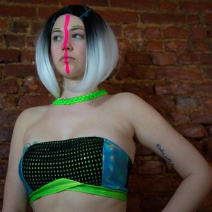 Panorama Strapless Bandeau Top in Mesh, Lime Green and Blue Holo
