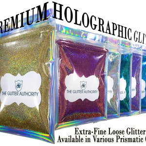 Glitter in Gold Holograph, Silver  Holographic, Blue Holographic, Teal Holographic and Pink Holographic