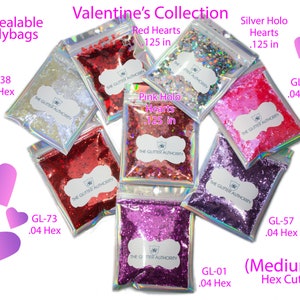 Valentine&#39;s Glitter: Pink, Red, Lavender Chunky Glitter, Heart Confetti (1oz/.5oz)