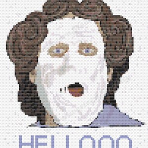 May include: A pixelated image of a woman with brown hair in curlers, wearing a white face mask and a purple shirt. The text "HELLOOO" is written in purple below the image.