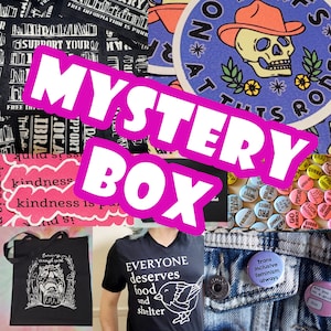 May include: A mystery box filled with various items, including a black tote bag with a skull graphic, a black t-shirt with the text "Everyone deserves food and shelter" and a bird graphic, a pair of blue jeans with a button that says "Trans inclusive feminism always", and a variety of buttons with different messages.