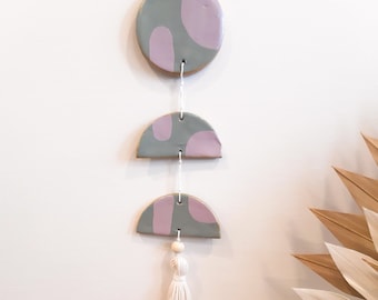 Handpainted - Conetemporary Geometric Clay wall decor - Lilac/moss green ornament piece