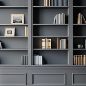 May include: A built-in gray bookshelf with multiple shelves filled with books of various sizes and colors. Two framed landscape paintings and a small potted plant add decorative elements. The bookshelf is a stylish storage solution.