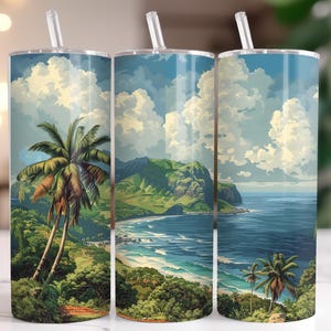 May include: Three stainless steel tumblers with a tropical beach scene. The scene features a lush green mountain range, a blue ocean with white waves, and palm trees.