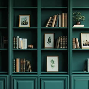 May include: A dark green bookcase with five shelves on each side. The shelves are filled with books, framed artwork, and plants. The bookcase has a decorative trim around the edges.