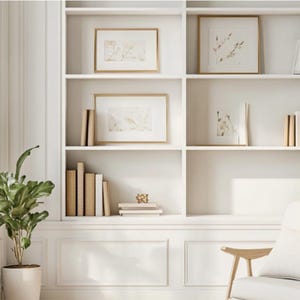 May include: A bright, white built-in bookshelf with framed artwork and stacks of books. A potted plant and a woven basket with a plant sit near a window. A wooden chair with a white cushion is in the foreground.