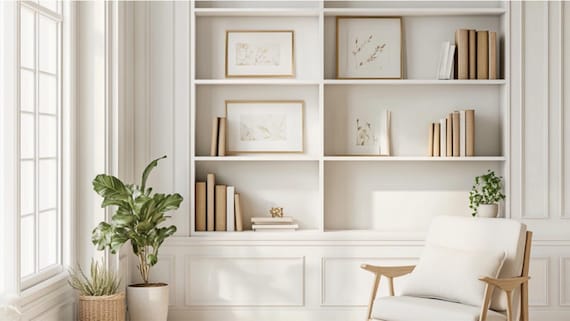 Neutral Zoom Background Modern Aesthetic White Modern Home Office Nature Zoom Backdrop Wooden Shelves Teams Background Streaming Background