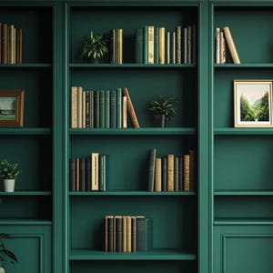 Peut inclure: Une bibliothèque vert foncé avec cinq étagères, remplie de livres et d'œuvres d'art encadrées. La bibliothèque a une moulure décorative autour des bords. Il y a des plantes sur les étagères et sur le sol.