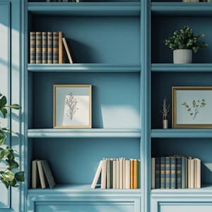 Puede incluir: Una estantería empotrada pintada de color azul. Los estantes exhiben grabados botánicos enmarcados, plantas en macetas y pilas de libros. La habitación está bien iluminada, con luz solar que proyecta sombras sobre los estantes.