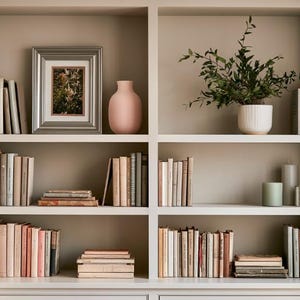 Op de afbeelding: Een ingebouwde kast met vier secties met rijen boeken in neutrale tinten, een ingelijste foto, een matte roze vaas, een groene plant in een geribbelde witte pot en drie cilindrische kaarsen in verschillende hoogtes en tinten groen.