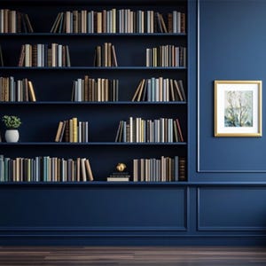 May include: A navy blue built-in bookshelf filled with books of various sizes and colors. A small potted plant sits on a shelf. A framed picture hangs on the wall. The room has a dark wood floor and a window.