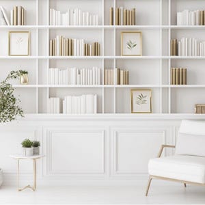 Zoom Bookshelf, Chic Office Decor, Neutral Zoom Background,  Modern Aesthetic White Minimalist Office Backdrop Microsoft Team Background JPG