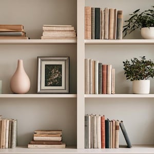 Op de afbeelding: Een ingebouwde kast met lichtbeige planken met stapels boeken, twee groene kamerplanten in witte keramische potten, een lichtroze druppelvormige vaas, een ingelijste botanische print, een saliegroene kaars en een kleine zilverkleurige houder.
