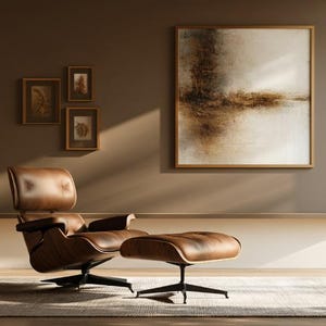 May include: A brown leather lounge chair with a matching ottoman, featuring a curved wooden shell and a black metal base. The chair is positioned on a rectangular rug in a room with brown walls, three small framed pictures, and one large square painting.