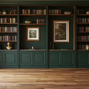 Könnte beinhalten: Ein großes, dunkelgrünes Einbauregal mit vier vertikalen Abschnitten, Holzregalen, unteren Schranktüren und integrierter Beleuchtung. Die Regale sind mit verschiedenen Büchern, kleinen Topfpflanzen, einer goldenen Büste und zwei gerahmten Landschaftsbildern gefüllt.