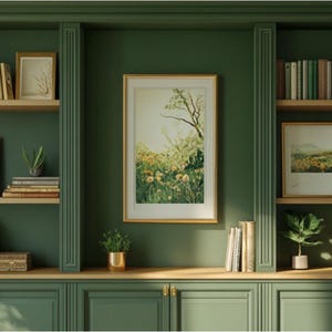 Puede incluir: Una estantería verde con tres estantes a cada lado, llena de libros y obras de arte enmarcadas. El estante del medio presenta una gran impresión enmarcada de un paisaje con un árbol y flores. Los estantes están hechos de madera y tienen un acabado marrón claro.