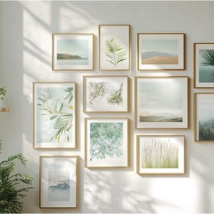 May include: A gallery wall with 10 framed prints featuring nature scenes, including plants, landscapes, and seascapes. The frames are all gold and the prints are in muted tones of green, blue, and brown.