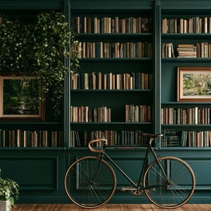 Könnte beinhalten: Ein dunkelgrünes, deckenhohes Bücherregal voller Bücher, vor dem ein schwarzes Fahrrad mit braunem Lenker steht. Die Regale enthalten zwei gerahmte Landschaftsgemälde, eine große hängende Pflanze und eine Topfpflanze.