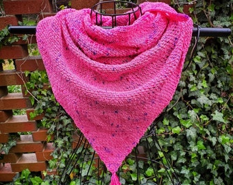 Hot Pink Recycled Silk Triangle Scarf with Tassel - Women's Clothing - Pink Shawl - Cottagecore - Crochet - Unique Fashion - Sustainable