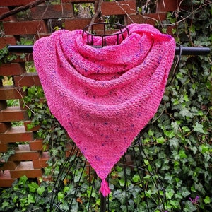 Hot Pink Recycled Silk Triangle Scarf with Tassel - Women&#39;s Clothing - Pink Shawl - Cottagecore - Crochet - Unique Fashion - Sustainable