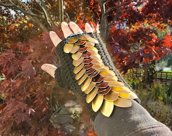 Black & Gold Dragon Scale Gloves - Arm Warmers - Chain Mail - Dragon Scale Gauntlets - Arm Bracers - Fingerless Gloves