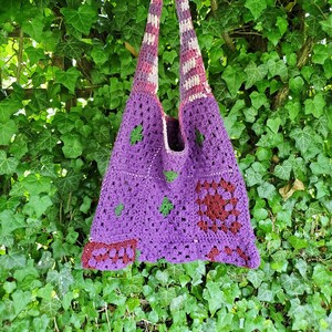 Granny Square Market Tote - Cotton Bag - Crochet Purse - Purple Satchel - Sustainable Fashion - Handmade