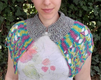 Rainbow Recycled Silk Capelet - Spring Time Shawl - Crochet Capelet - Short Victorian Cape - Edwardian Fashion