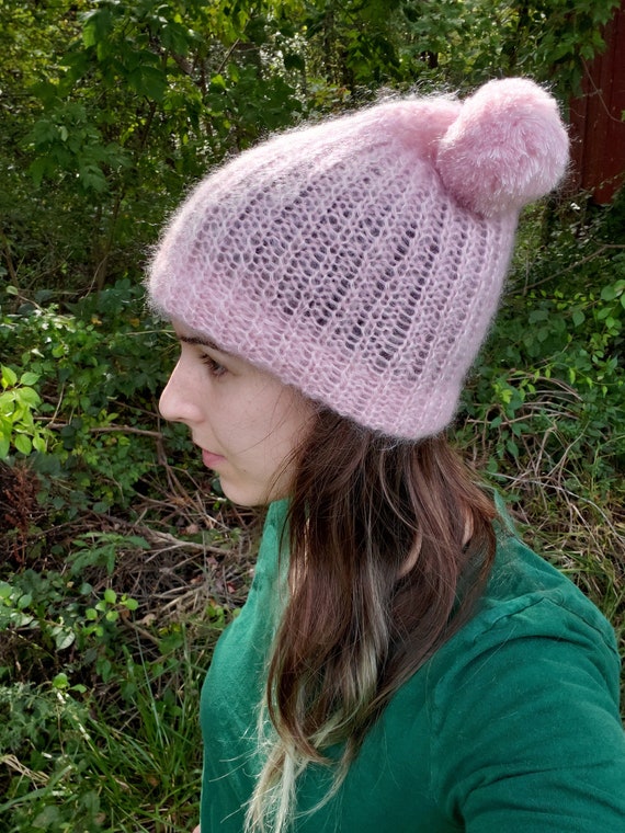 Pink Mohair Beanie With Pom Pom Knit 