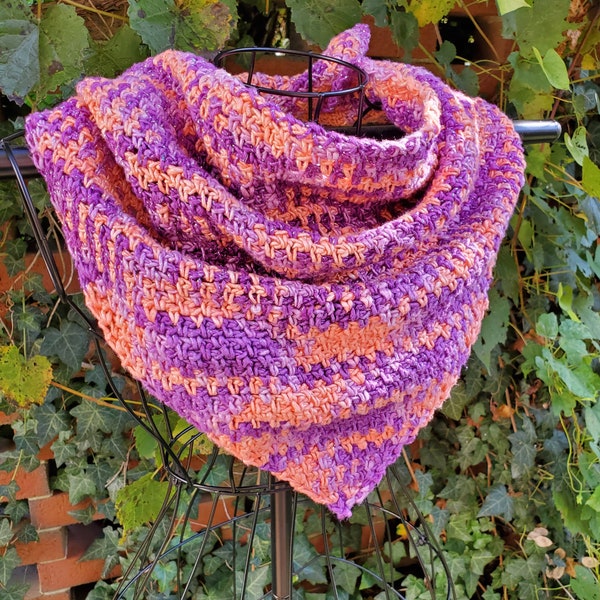 Violet Unicorn Sparkly Triangle Scarf - Peach & Purple Shawl - Sustainable - Recycled Silk Yarn - Cruelty Free - Crochet - Cottagecore