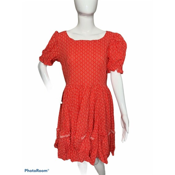 Vtg 70s Womens M/L Red Floral Seersucker Skater Dr