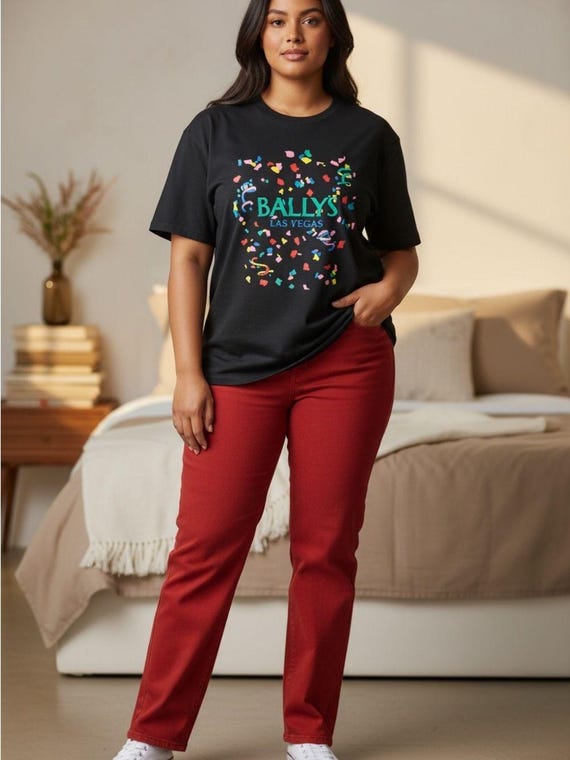 Bally, Vtg Bally Las Vegas Black Confetti Logo Tee Women's Short Sleeve XXL