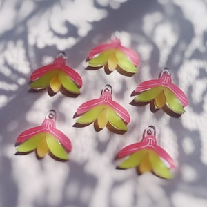 May include: Six pink and yellow flower-shaped charms with a hole at the top for hanging. The charms are made of acrylic and have a translucent finish.