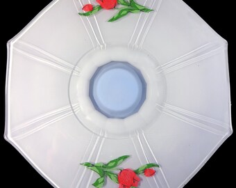 Vintage 1930s Lancaster White Cased Glass With Hand Painted Tulip Decoration 10.5"w Low Footed Octagon Shaped Cake Plate