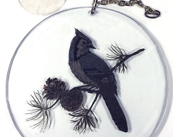 Vintage 1980's Westmoreland Clear Crystal Elegant Glass With Blue Jay Bird On Pine Tree Branch Decal 5"d Sun Catcher Window Ornament
