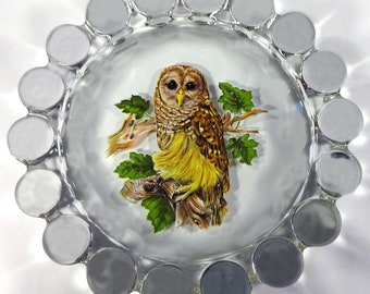 Vintage 1980's Westmoreland Clear Crystal Elegant Glass With Barred Owl Decal 7.5"d Crystal Ball Ring Ashtray