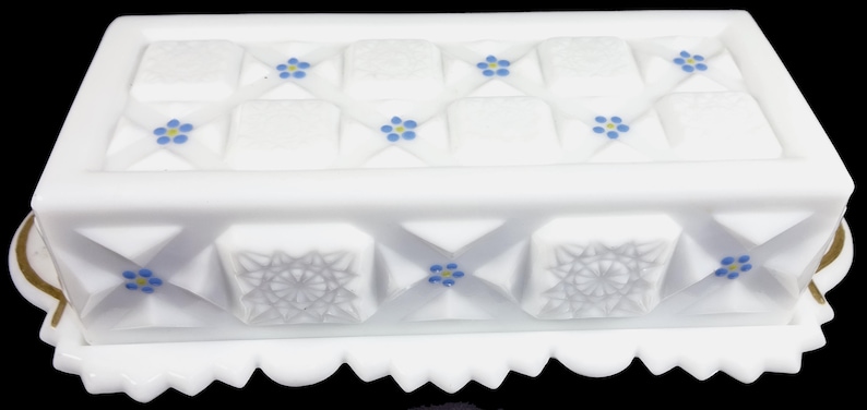 Vintage 1970s Westmoreland Elegant Milk Glass With Hand Painted Forget Me Not Flowers Decoration Old Quilt Pattern 7.5l Covered Butter Dish