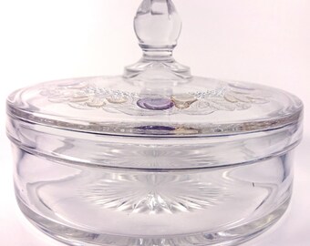 Vintage 1970's Westmoreland Elegant Glass Clear Crystal With Pastel Stain Della Robbia Fruits Pattern 6"d Covered Chocolate Box