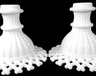 Vintage 1960's Westmoreland Elegant Milk Glass Lattice Edge Pattern 4"t Candlestick Candle Holder Pair