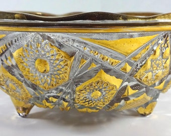 Vintage 1940s Mckee Clear Crystal Glass With Gold Trim Toltec Hobstar And Arches Pattern 7"d Three Footed Bowl