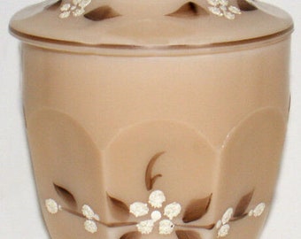 Vintage 1979 Westmoreland Elegant Almond Glass With Hand Painted Beaded Bouquet Decoration Colonial Pattern 8"t Footed Covered Candy Bowl