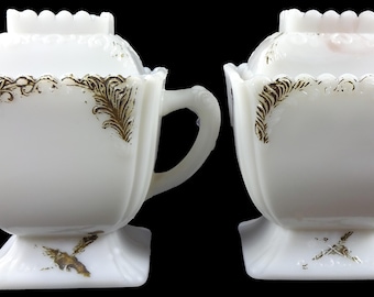 Antique 1890's Westmoreland Specialty Milk Glass With Hand Painted Decoration 4.75"t Covered Creamer And Sugar Mustard Condiment Jars