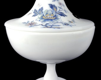 Vintage 1980's Westmoreland Elegant Milk Glass Blue China Rose Decoration 9"t Covered Candy Compote