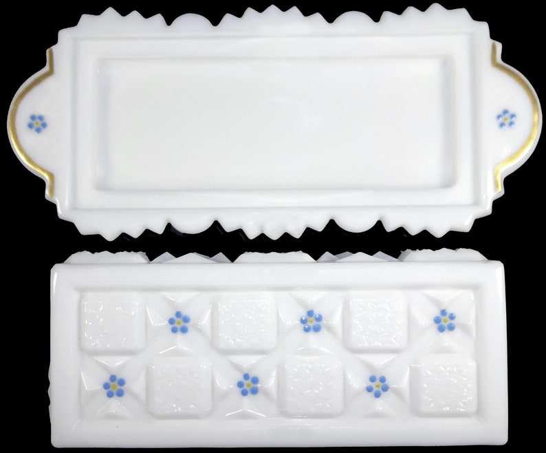 Vintage 1970s Westmoreland Elegant Milk Glass With Hand Painted Forget Me Not Flowers Decoration Old Quilt Pattern 7.5l Covered Butter Dish