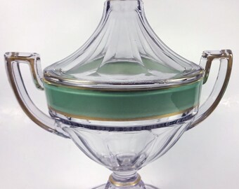 Antique 1920's Westmoreland Elegant Glass Clear Crystal With Green Band And Gold Trim Colonial Pattern 11"t Two Handled Covered Candy Bowl