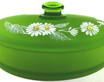 Vintage 1970's Westmoreland Green Satin Mist Glass With Hand Painted White Daisy Flower Decoration 7.25"l Covered Chocolate Box