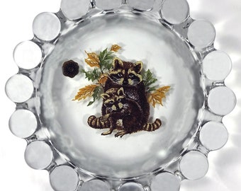 Vintage 1980's Westmoreland Clear Crystal Elegant Glass Raccoon And Cub Decal 7.5"d Crystal Ball Ring Ashtray With Original Cardboard Box