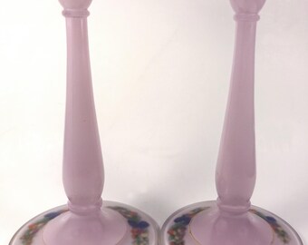 Antique 1920s Westmoreland Elegant Pink Spray Cased Glass With Hand Painted Fruit And Leaves Decoration 9.5"t Taper Candle Holder Pair